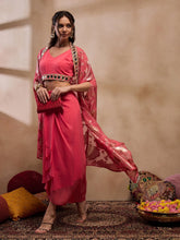 Crop Top With Draped Skirt And Cape In Coral Color